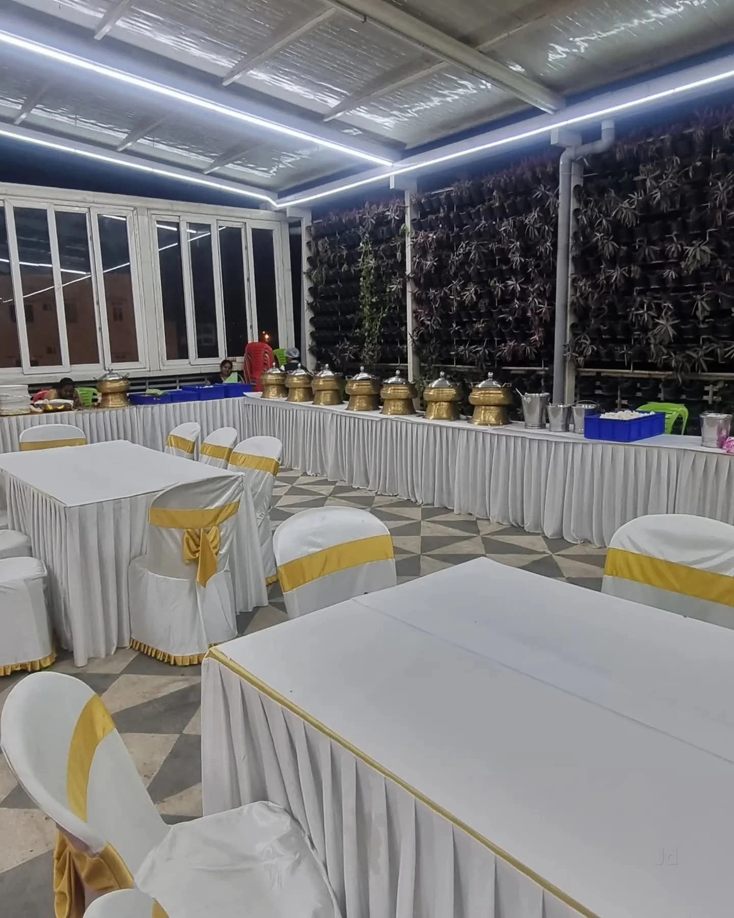 A neatly prepared event dining area
