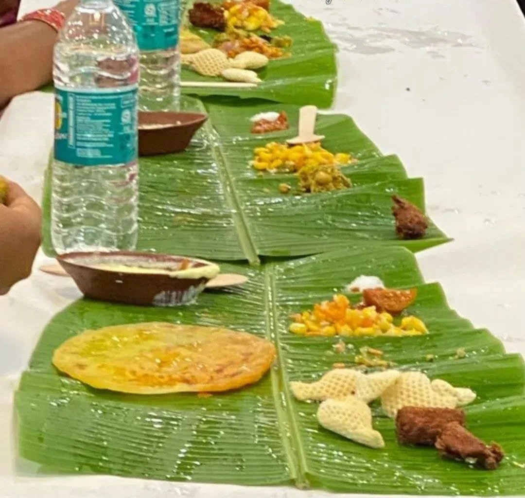 A traditional meal served on a banana leaf