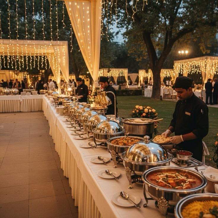 Chefs serving an outdoor buffet beneath warm string lights